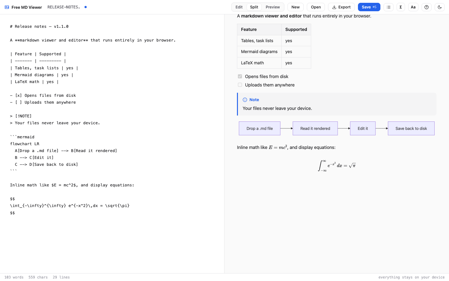 Free MD Viewer showing a markdown file with the source on the left and the rendered result on the right, including a table, a Mermaid flowchart and a LaTeX equation.